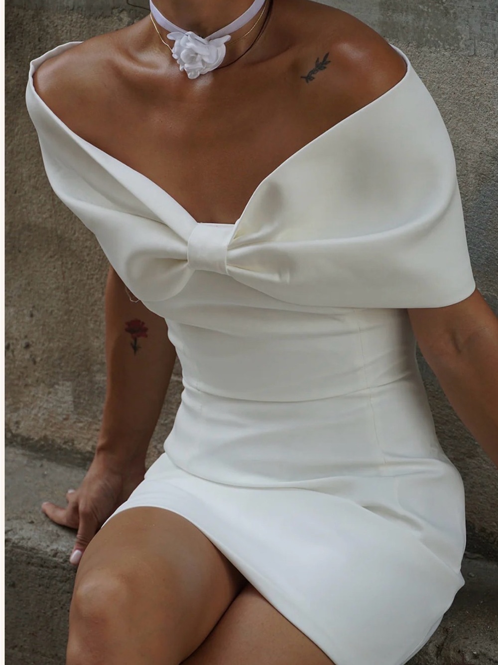 Meshki Gwyneth Off Shoulder Bow Mini Dress | White